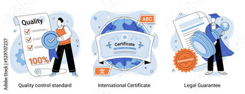 Business people meeting quality control standards and getting international certificate. Vector set for certification, quality management, industry, legal guarantee, legislative protection of rights