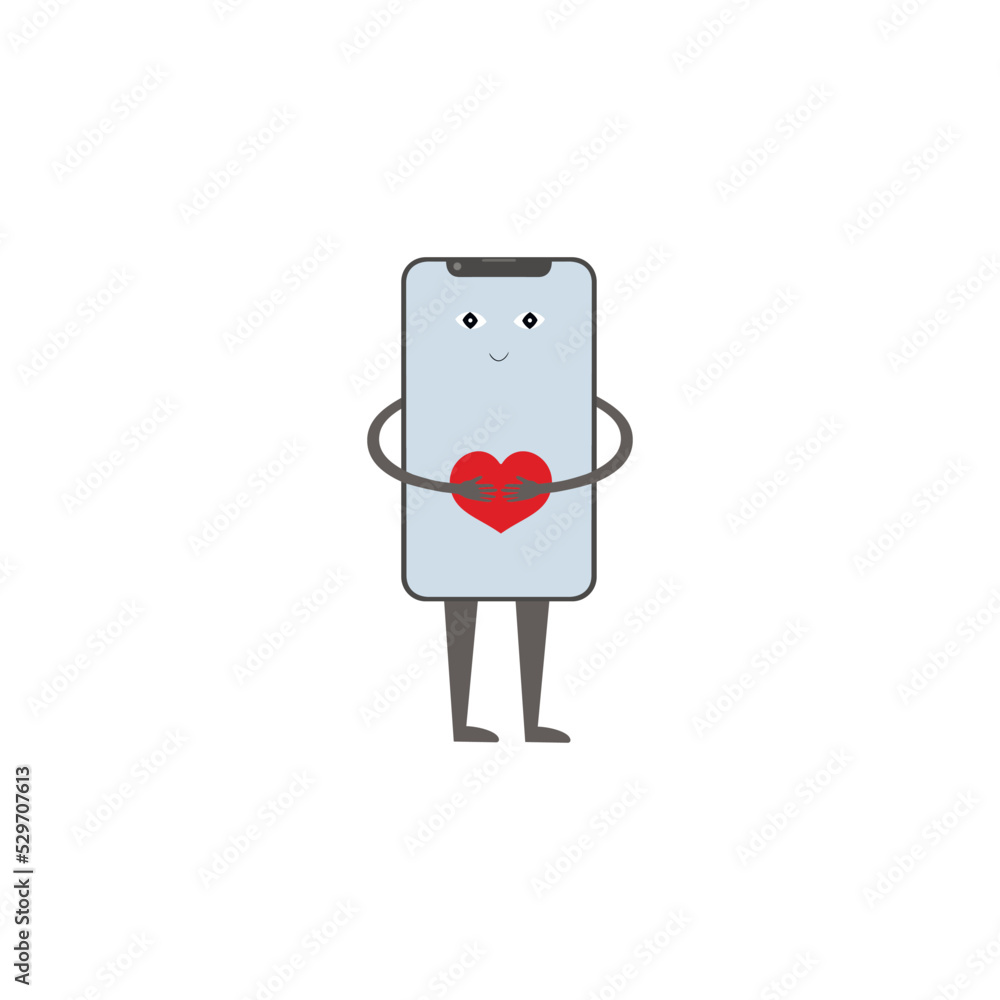 Funny mobile phone hugs red heart. Print design, modern greeting card and love concept. Funny mobile phone hugs red heart. Print design, modern greeting card and love concept.