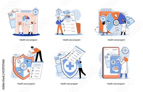 Health care program metaphor, online medical services, protection medicine. Medical insurance, hospital services, preventive check up, sick leave certificate treatment diagnosis patients, telemedicine