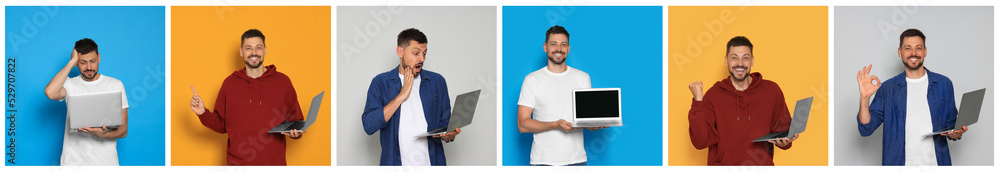 Collage with photos of man holding modern laptops on different color backgrounds. Banner design Collage with photos of man holding modern laptops on different color backgrounds. Banner design