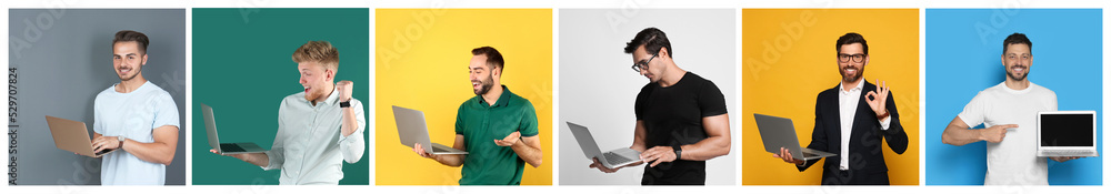 Collage with photos of men holding modern laptops on different color backgrounds. Banner design Collage with photos of men holding modern laptops on different color backgrounds. Banner design