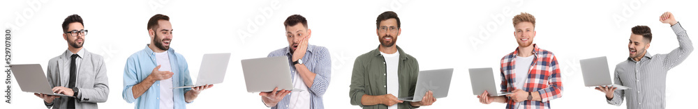 Collage with photos of men holding modern laptops on white background. Banner design Collage with photos of men holding modern laptops on white background. Banner design