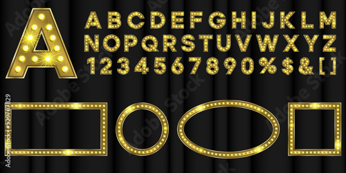 Gold letters with light text effect. Marquee 3d font with lamp lit. Geometric vintage frames