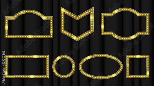 Luxury marquee signboard frames with light 3d effect and bulbs. Neon vector graphic design. Christmas geometric badge for movie banner
