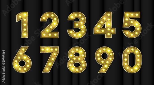 Shiny numbers in metal gold. Marquee font with bulb effect for happy birthday or anniversary cards template. Neon light text for signboard