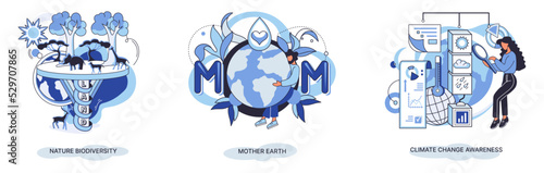 Change climate awareness, saving planet, World Environment Day, global warming ecological problems. Mother Earth day, nature biodiversity metaphor set. Care for surroundings eco concept