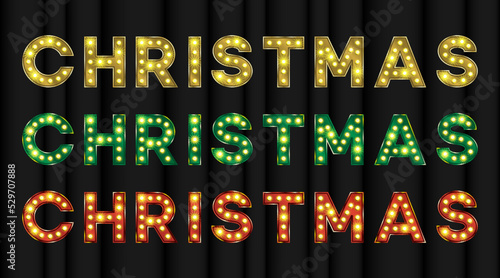 Christmas title in gold, red and green with bulb light effect. Vintage 3d text for Vegas show or circus banner
