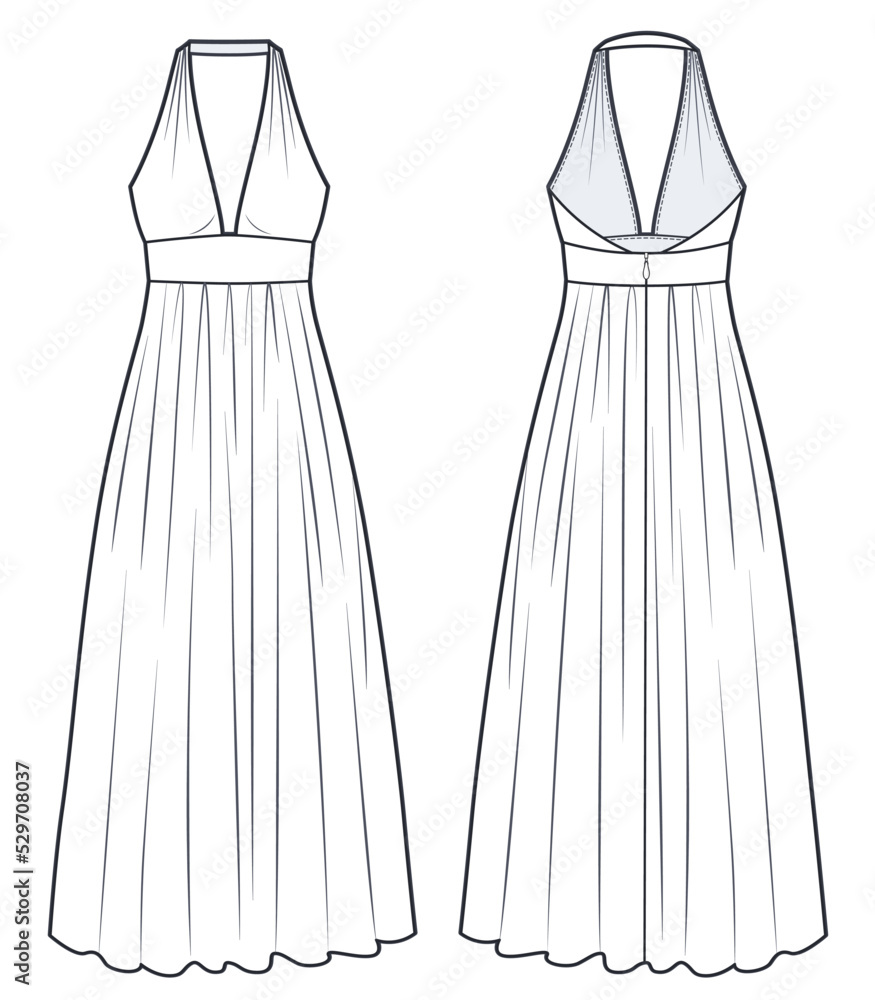 Maxi Dress technical fashion Illustration. Women s Dress fashion