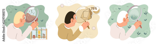 Soil analysis and earth pollution metaphor or structure control. Nutrients microorganism composition research ground layer structure sample. Soil laboratory test. Scientist measuring levels status