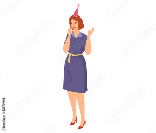 Happy Birthday party at home with friends. Joyful woman in festive cap on head celebrating holiday. Congratulations to friend. Fun birthday with festive greeting event, gladness and joy celebration