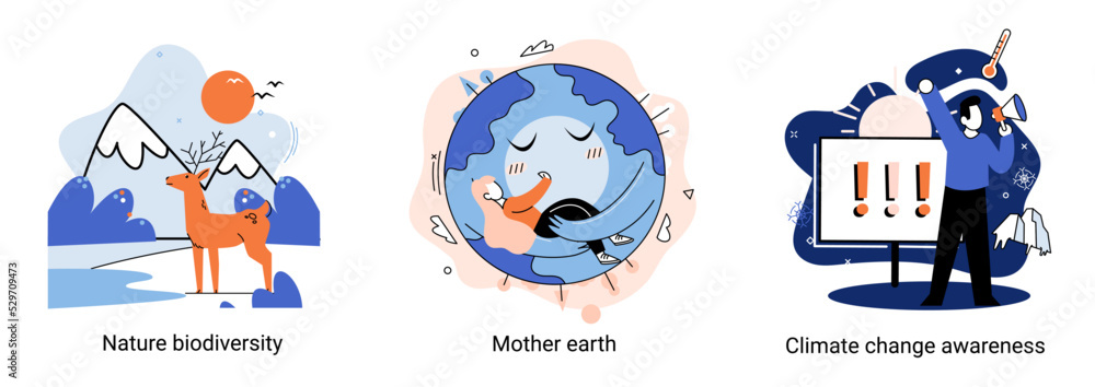 Change climate awareness, saving planet, World Environment Day, global warming ecological problems. Mother Earth day, nature biodiversity metaphor set. Care for surroundings eco concept
