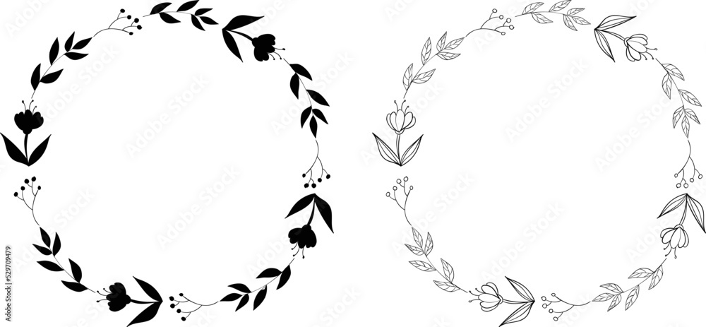 floral round frames labels. banners with branches. drawn line wedding.  circle line sketch. border brush design