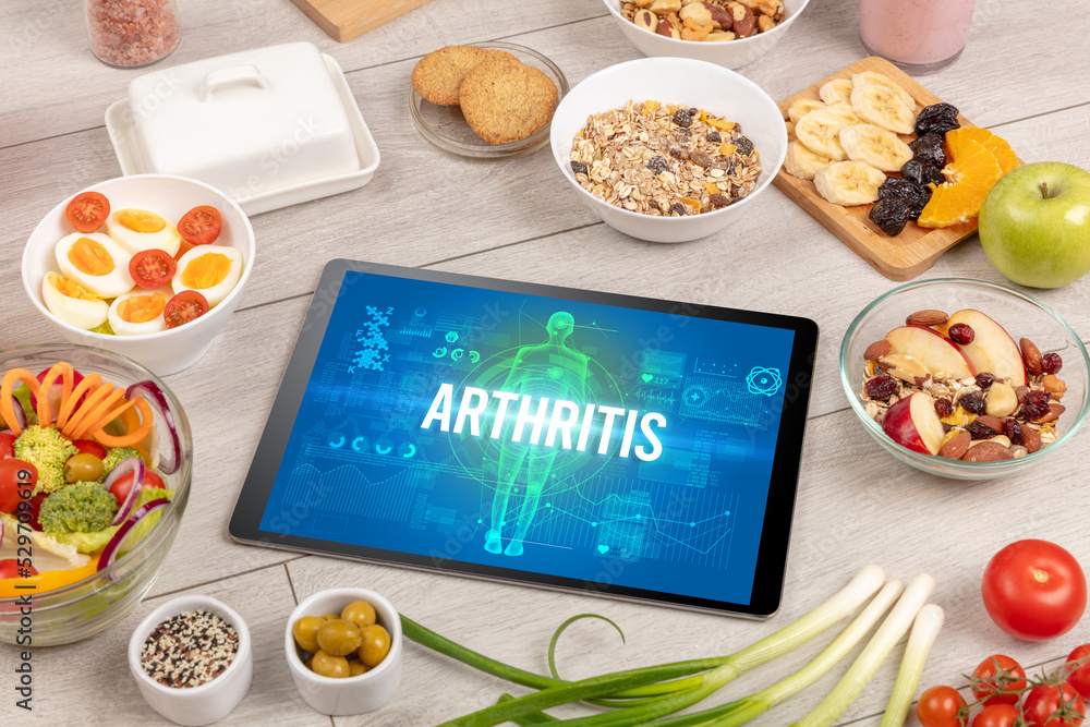 Tablet Pc with fruits, medical concept