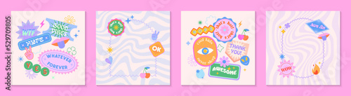 Vector set of cute fun templates with frames,patches,stickers in 90s style.Modern symbols in y2k aesthetic with text.Trendy groovy designs for banners,social media marketing,branding,packaging,covers