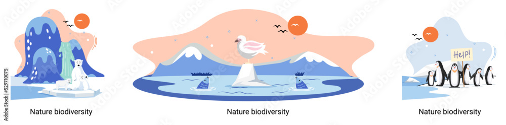 Naklejka premium Biodiversity in nature as environment variety of life on Earth planet. Saving wildlife ecosystem metaphor. Protection and care of flora and fauna, eco friendly human activity, many biological species