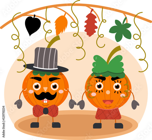 Funny pumpkins. Autumn leaves and atmosphere. Vector flat illustration.
