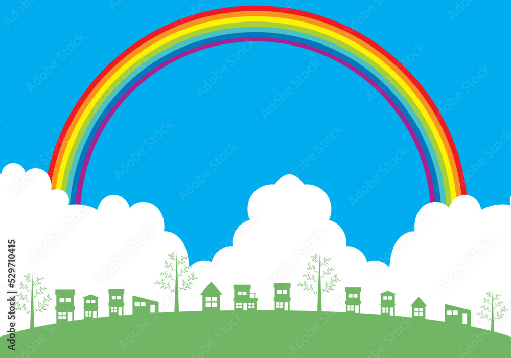 ハッピーなイメージの街、タウン住宅のシンプルな背景イラスト 青空と白い雲と虹 ハッピーなイメージの街、タウン住宅のシンプルな背景イラスト 青空と白い雲と虹