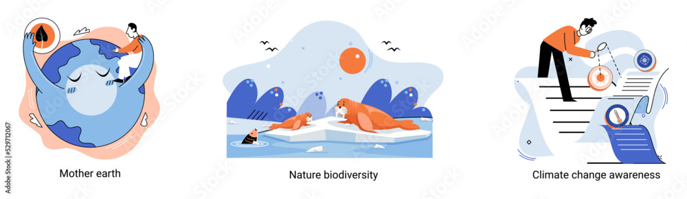 Naklejka premium Change climate awareness, saving planet, World Environment Day, global warming ecological problems. Mother Earth day, nature biodiversity metaphor set. Care for surroundings eco concept