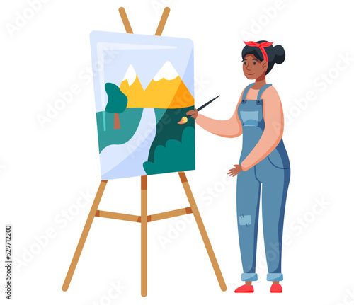 Young woman painting watercolor landscape, creative workshop. Artist female character drawing on canvas at Easel during art class hobby. Creativity lesson in painting school, artistic design course