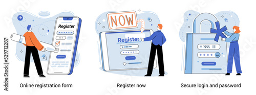 Registration or sign up user interface metaphor. People using secure login and password, account data authorization. Characters use personal data security. Registration online form mobile technology