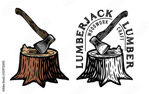 Axe, Lumberjack, Wood Logging emblem or badge. Ax sticking in stump. Woodwork, timber symbol vector illustration
