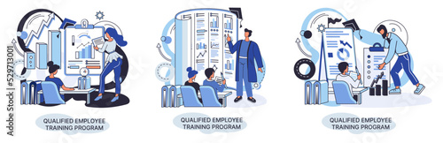 Qualified employee training program. Refresher course metaphor. Help in professional development. Learning for software development and growth. Agile project management team project life scrum meeting