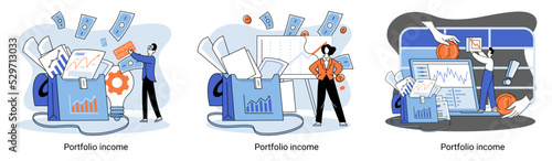 Investment portfolio income dollars currency, buy sell trading, market exchange value metaphor, businessman investor or trader balance portfolio with coins. Financiers analyzing stock market profit