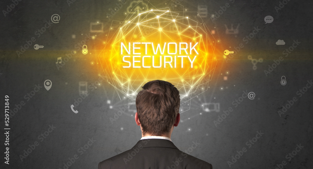 Rear view of a businessman, online security concept Rear view of a businessman, online security concept