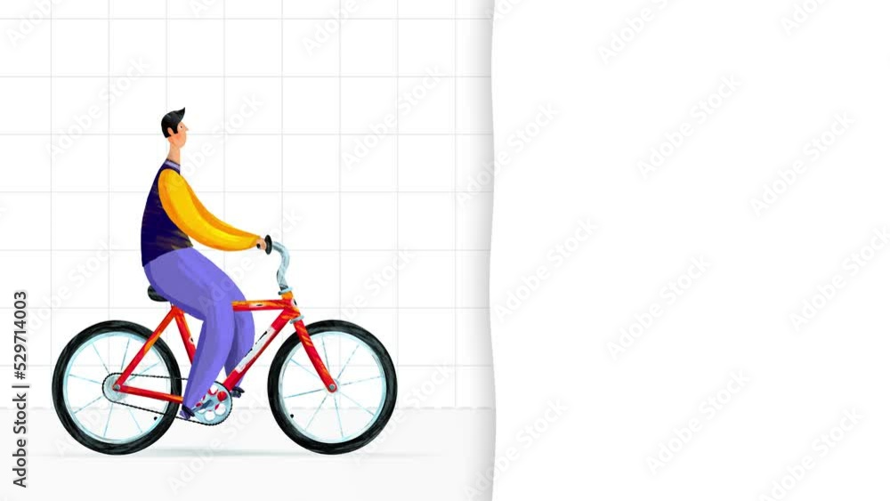 Man character animated riding a bicycle on light grid moving background ...
