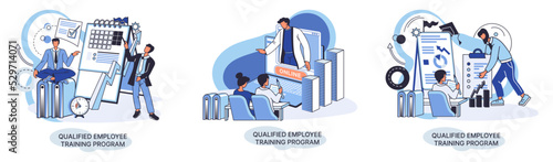 Qualified employee training program. Refresher course metaphor. Help in professional development. Learning for software development and growth. Agile project management team project life scrum meeting