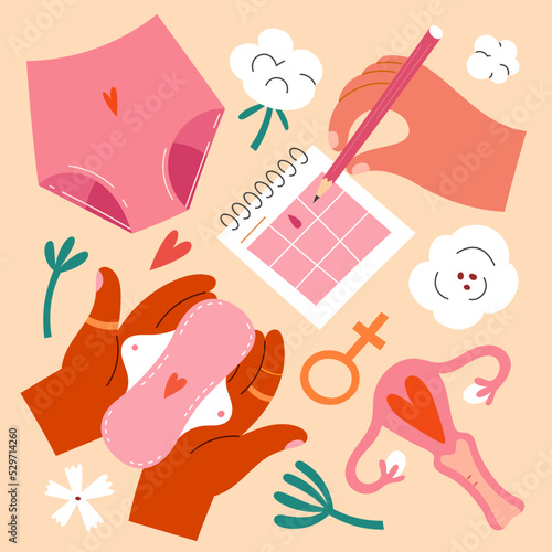 Menstruation cycle stickers, women period illustrations, feminine uterus, menstrual calendar, panties, reusable sanitary pad in woman's hands, female marking period dates in calendar, vector set