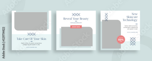 Set of editable templates for Instagram post, Facebook square, skincare, beauty product, treatment, clinic, advertisement, business, store, fresh design with simple color (2/3)