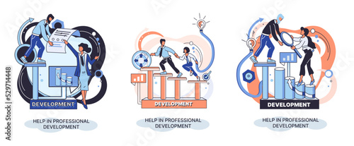 Help in professional development metaphor. Qualified employee training program. Refresher course. Human resource management organization. Business education workshop. School personality growth in team