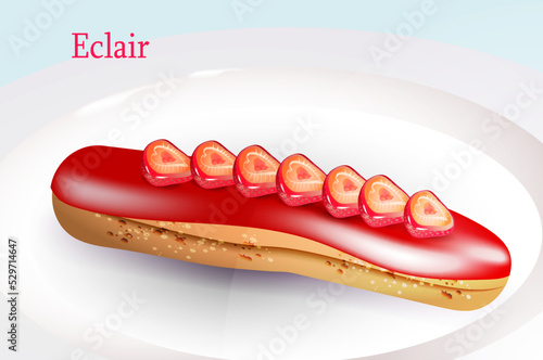 eclair  decorated with
 Strawberries on a white plate