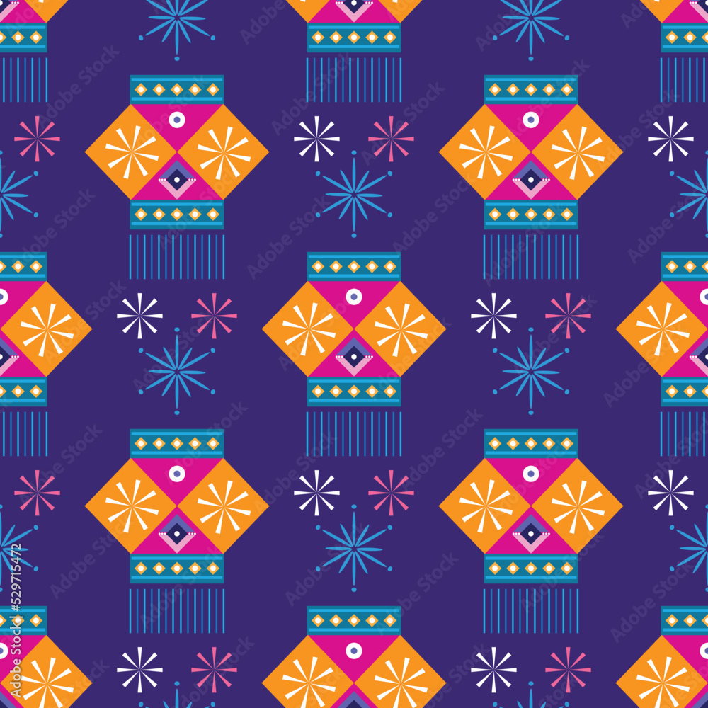 Traditional Indian festival Diwali seamless pattern Happy Festival of lights Deepavali Template for textile, paper, cover Festive Burning diya graphic background Vector abstract flat illustration
