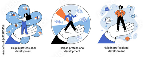 Help in professional development metaphor. Qualified employee training program. Refresher course. Human resource management organization. Business education workshop. School personality growth in team
