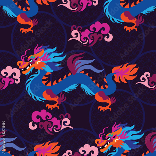 Japanese, Chinese seamless pattern with Dragon, fan, sakura , clouds, bonsai, sea vawes Abstract background design texture, textile, kimono, cover, paper Vector illustration 