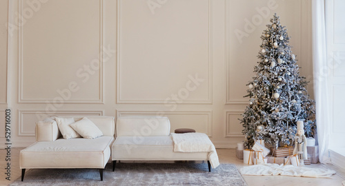 Modern interior with sofa Christmas tree