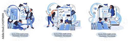 Qualified employee training program. Refresher course metaphor. Help in professional development. Learning for software development and growth. Agile project management team project life scrum meeting