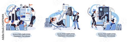 Qualified employee training program. Refresher course metaphor. Help in professional development. Learning for software development and growth. Agile project management team project life scrum meeting