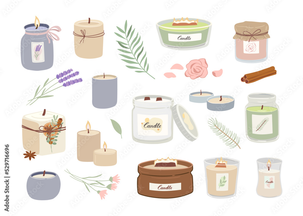Set of scented candles and leaves for relax and spa isolated on white background. Aromatherapy hand draw vector illustration. Cozy home decoration. The aroma of pine, lavender, rose, cinnamon, citrus. Set of scented candles and leaves for relax and spa isolated on white background. Aromatherapy hand draw vector illustration. Cozy home decoration. The aroma of pine, lavender, rose, cinnamon, citrus.