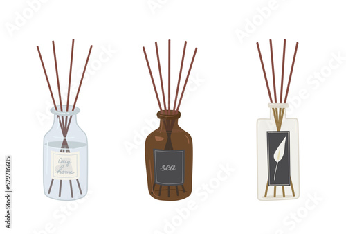 Set of diffuser bottles with aroma sticks isolated on white background. Aromatherapy hand draw vector illustration. Cozy home.