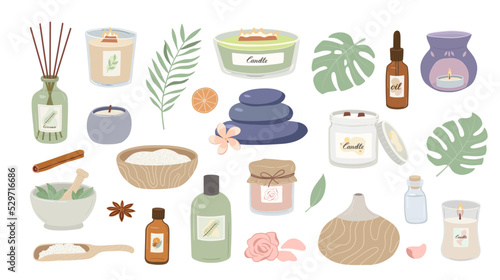 Collection of aromatherapy and spa accessories isolated on white background. Scented candles, aroma diffuser with sticks, lamp, massage stones, essential oil, salt hand draw vector illustration