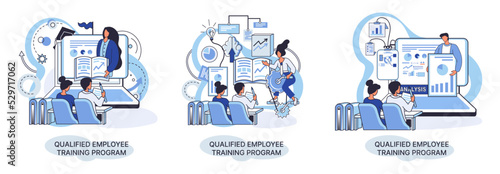 Qualified employee training program. Refresher course metaphor. Help in professional development. Learning for software development and growth. Agile project management team project life scrum meeting
