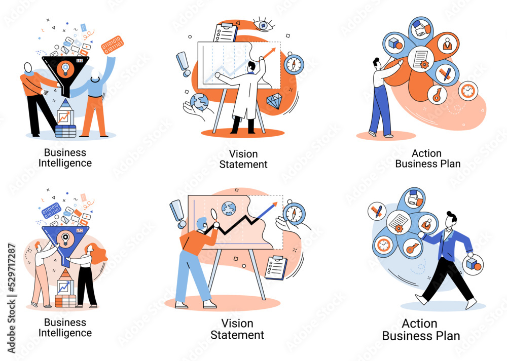 Business intelligence action business plan. Strategic planning automation process. Mission rules vision statement competitive intelligence, goals action plan, loyalty abstract metaphor, teamwork set Business intelligence action business plan. Strategic planning automation process. Mission rules vision statement competitive intelligence, goals action plan, loyalty abstract metaphor, teamwork set