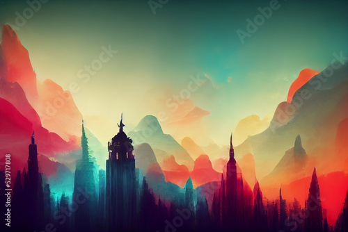 Colorful wallpaper illustration of a city in front of a mountain landscape