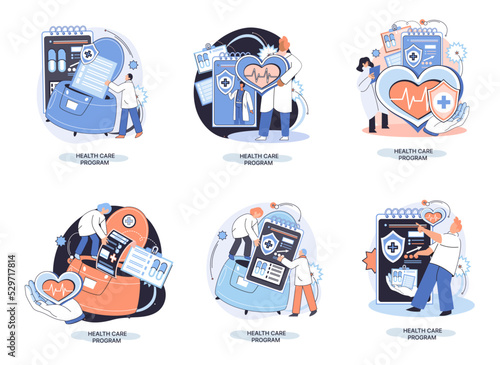 Health care program metaphor, online medical services, protection medicine. Medical insurance, hospital services, preventive check up, sick leave certificate treatment diagnosis patients, telemedicine