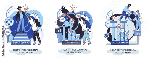 Help in professional development metaphor. Qualified employee training program. Refresher course. Human resource management organization. Business education workshop. School personality growth in team © Dmytro