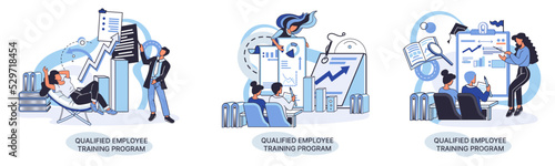 Qualified employee training program. Refresher course metaphor. Help in professional development. Learning for software development and growth. Agile project management team project life scrum meeting