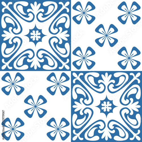 Azulejo ceramic tiles retro motif for interior decor, blue indigo geometric vector Illustration